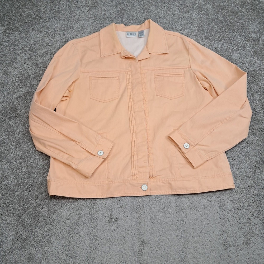 Chicos Peach Apricot Cotton Blend Button Front Trucker Jacket Size 2 Large